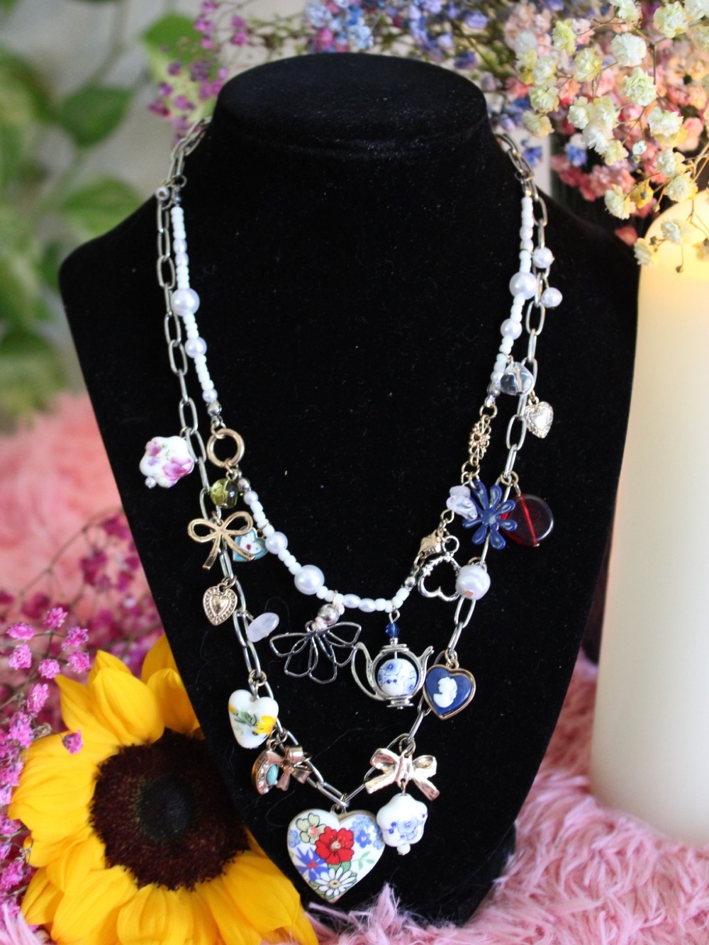 NWT Free People Layered Pearl Floral Charm Necklace MSRP $68 - Picture 10 of 14